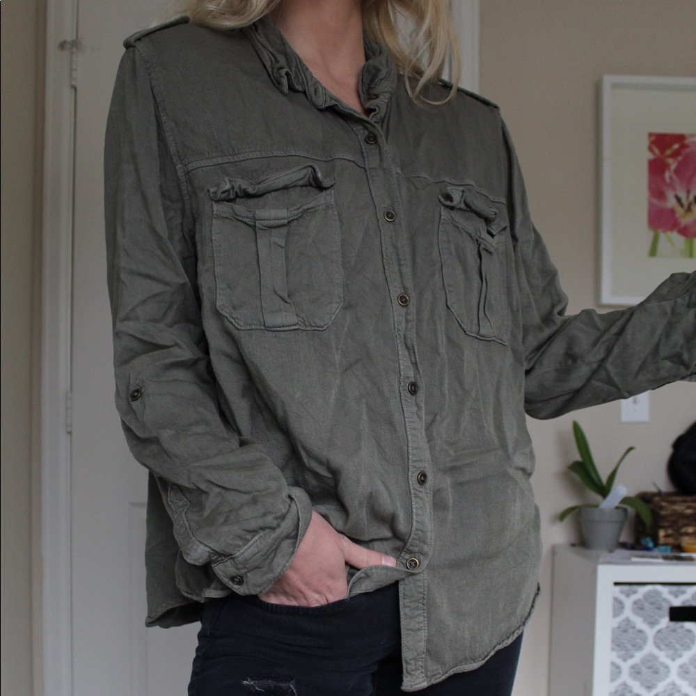Navy green button up top!